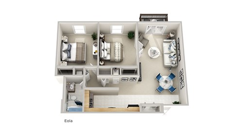 a stylized floor plan of a 1 bedroom apartment